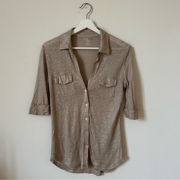 Majestic Filatures Paris Linen Button Down Metallic Shirt Top In Beige Size 2 - Picture 2 of 7